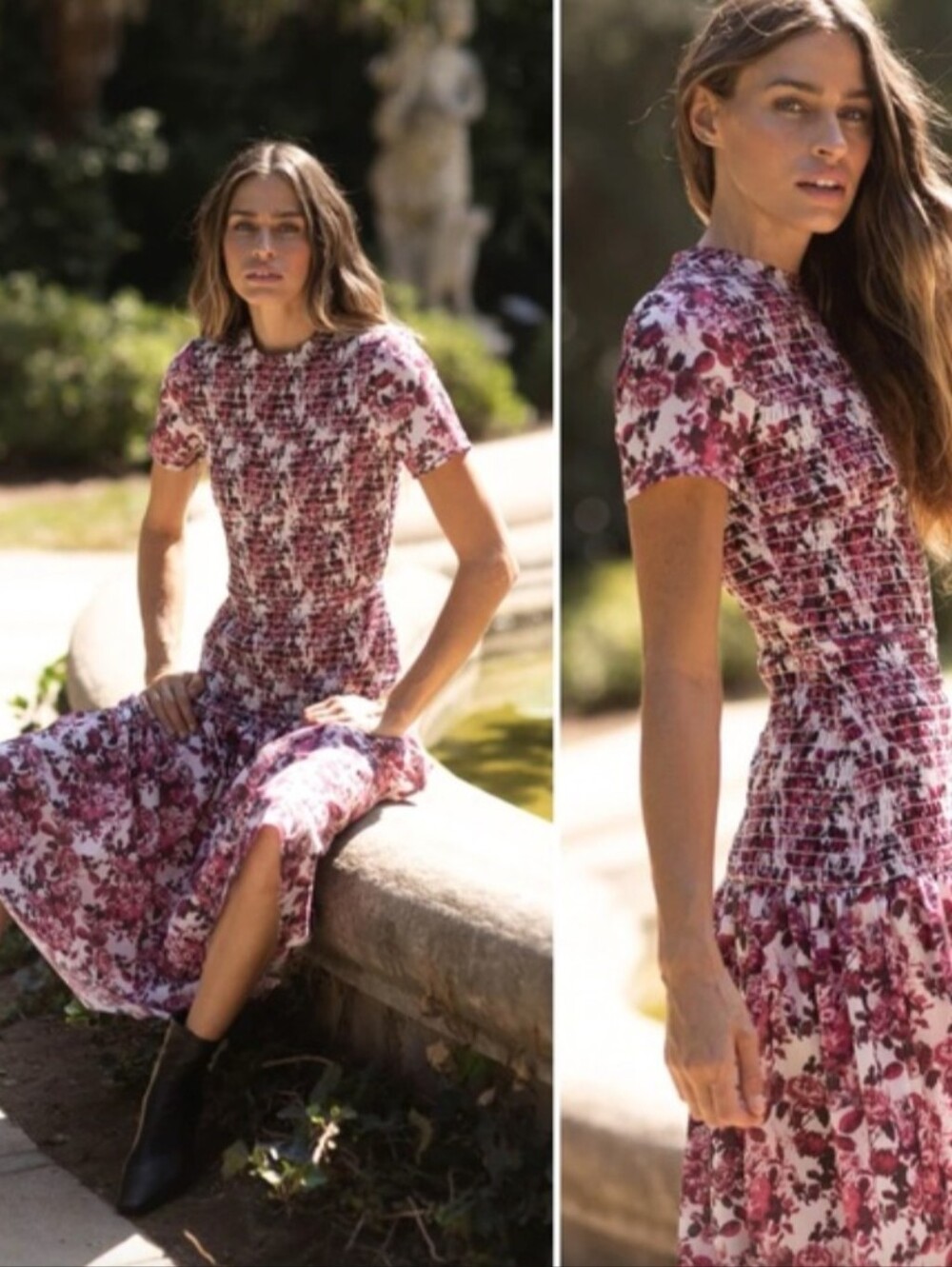 Damaris Bailey Daniela Floral Midi Dress Drop Waist Short Sleeve Smocked Luxury